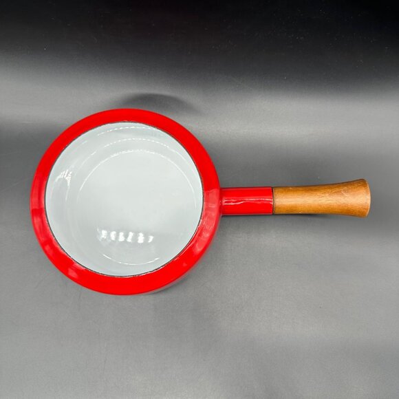 Vintage Fondue Pot Saucepan Dansk Kobenstyle Red Enamel Teak Wood No Lid - Picture 6 of 12